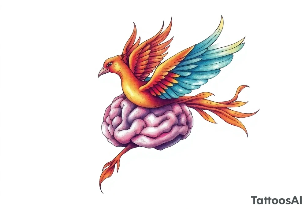 A phoenix flying out of a brain colorful tattoo idea