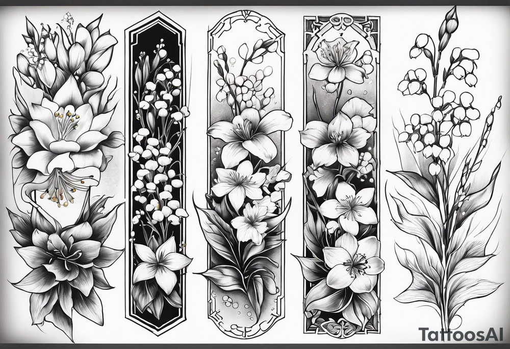 Larkspur, Lily of the valley, water, lily, Hawthorne, flower, carnation, snowdrop flower half sleeve tattoo idea