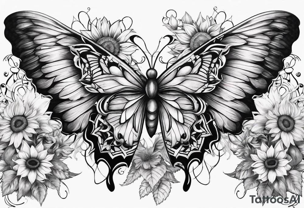 Wing cross with sunflower and butterflies tattoo idea