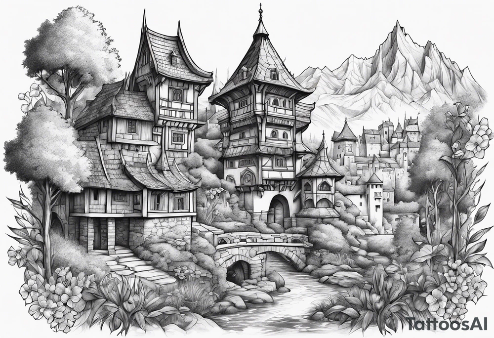 medieval tribal city 
floral  land  vignette tattoo idea
