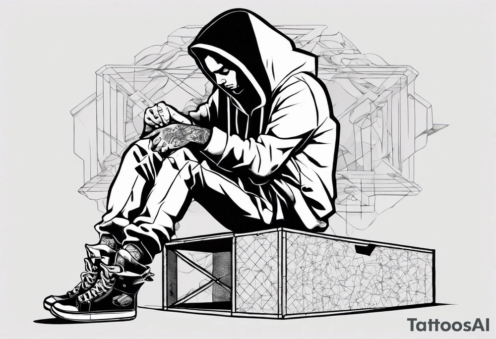 A guy in a hoodie sitting on a box, looking down. tattoo idea A guy in a hoodie sitting on a box, looking down. tattoo idea