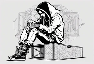 A guy in a hoodie sitting on a box, looking down. tattoo idea