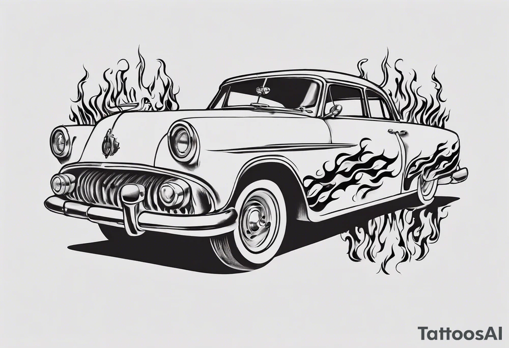 vintage classic car with flames coming out of the bonnet and a head at the top of the flames tattoo idea
