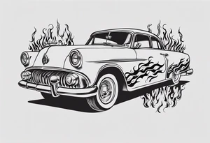 vintage classic car with flames coming out of the bonnet and a head at the top of the flames tattoo idea