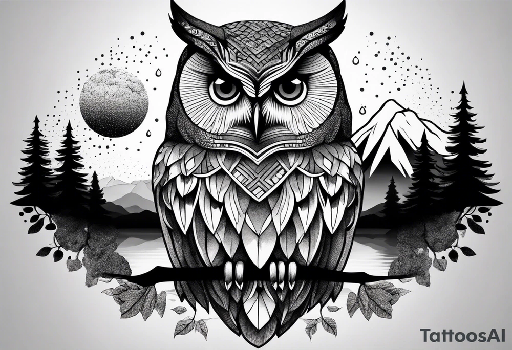Large owl with trees mountains rocks and water.  Sky with clouds tattoo idea