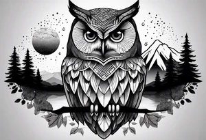 Large owl with trees mountains rocks and water.  Sky with clouds tattoo idea