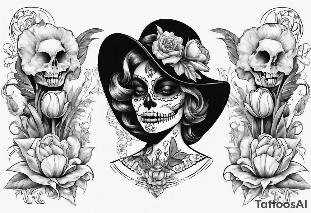 Catrina head with dutch tulip between teeth, from side tattoo idea