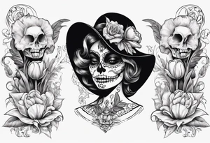 Catrina head with dutch tulip between teeth, from side tattoo idea
