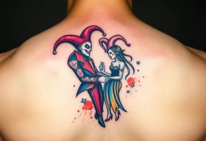 a toxic jester couple holding each other tattoo idea