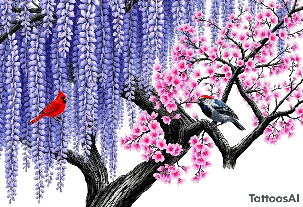 The American wisteria tree drapes gracefully with cascading clusters of lavender-blue flowers, its twisting vines wrapping around sturdy branches, creating a breathtaking canopy of delicate blossoms that sway gently in the breeze. Beside it, the Eastern redbud stands in striking contrast, its branches bursting with vibrant pink blossoms that cling tightly to the dark, twisting limbs, forming a cloud of rosy hues against the sky. Perched among the blooms, a brilliant red cardinal, a vivid indigo bunting, and a delicate downy woodpecker bring life to the scene— the cardinal’s crimson feathers glowing against the wisteria, the bunting’s deep blue plumage blending with the blossoms, and the woodpecker clinging to the redbud’s bark, its black-and-white speckled coat and soft red crown adding a final touch of natural harmony. tattoo idea