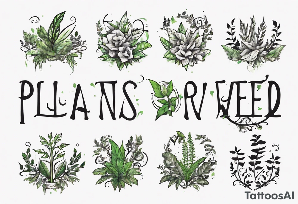 Words “Plant Powered” spelled out with plants and vines through out the words tattoo idea