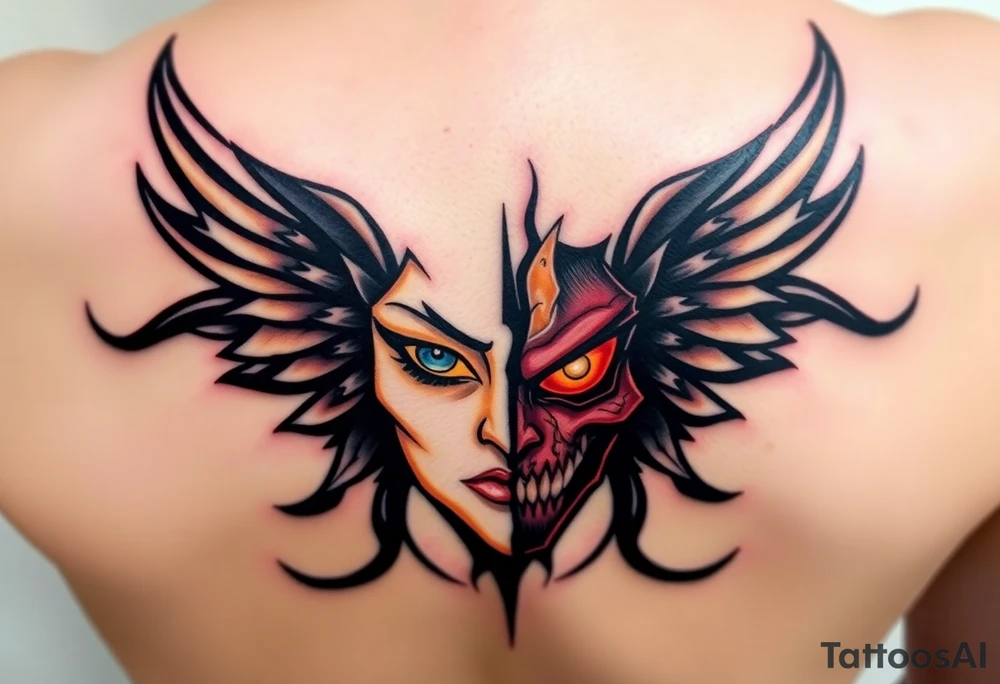 A half angelic face, bathed in golden light with soft blue eyes, contrasted by the other half demonic face, with red, glowing eyes and cracked blackened skin, surrounded by smoky tendrils of darkness. The dividing line is sharply defined with soft light on one side and sharp shadows on the other. tattoo idea