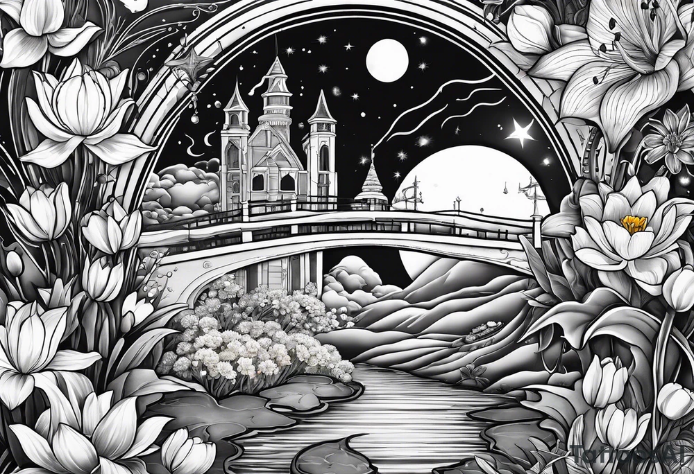 sleeve tattoo including science, skulls, roller coaster track, space and stars, water lily, daffodil, lily of the valley tattoo idea