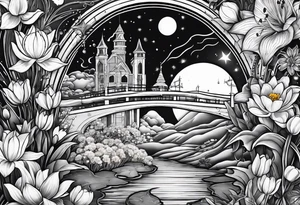 sleeve tattoo including science, skulls, roller coaster track, space and stars, water lily, daffodil, lily of the valley tattoo idea