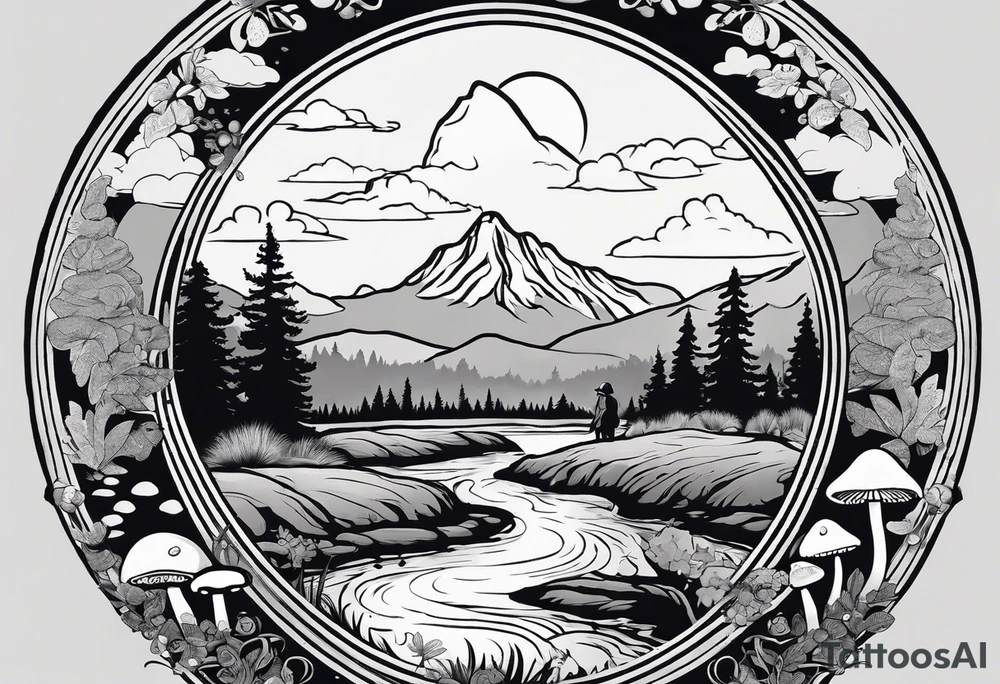 Whole picture encircled fully

Straight long blonde hair hippie girl in distance holding mushrooms in hand facing away toward mountains and creek surrounded by mushrooms long sleeve shirt and hiking pants; whole rendering within a full circle, no cut off circle tattoo idea