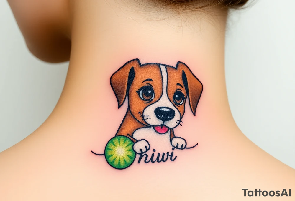 One line tattoo of female dog with white strip going up dog’s snout slightly off centered. With  toy and the dogs tongue slightly out and the name kiwi and an Aquarius them to it . Just the colors black  white brown and green tattoo idea