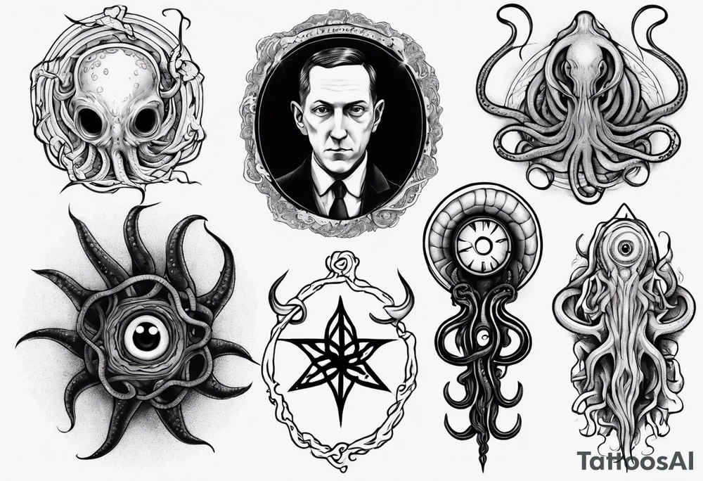 lovecraft long tattoo to put on the forearm, with eye and tentacle tattoo idea