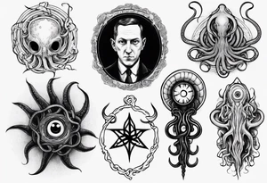 lovecraft long tattoo to put on the forearm, with eye and tentacle tattoo idea