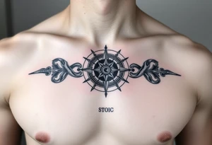 Chest tattoo with Roman stoic theme with sun dial compass tattoo idea