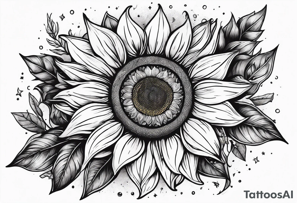 elegant tattoo design with sunflower surrounded by circle of little stars and arrow tattoo idea