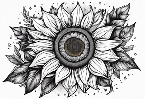 elegant tattoo design with sunflower surrounded by circle of little stars and arrow tattoo idea