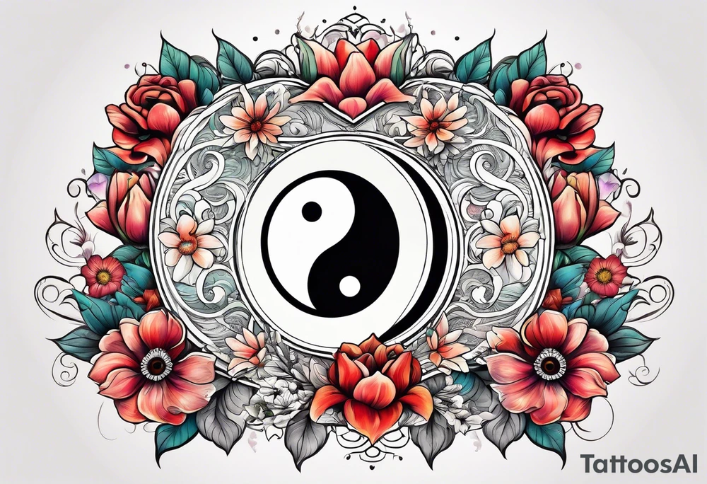 Heart with an eye in it surrounded by flowers and yin Yang tattoo idea