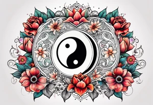 Heart with an eye in it surrounded by flowers and yin Yang tattoo idea