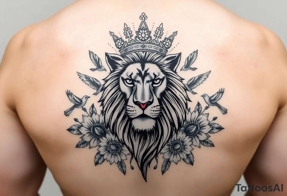 powerful majestic lion with a crown, surrounded by floral ornaments and birds tattoo idea