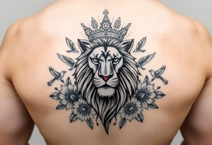 powerful majestic lion with a crown, surrounded by floral ornaments and birds tattoo idea