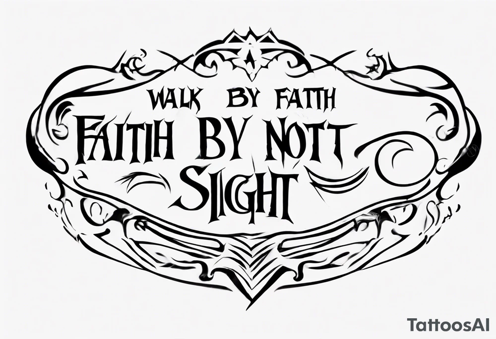 Horizontal inner bicep tattoo. “walk by faith, not by sight” stairwell wrapping around the quote. This design captures the essence of the journey guided by faith. tattoo idea