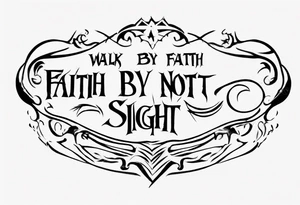 Horizontal inner bicep tattoo. “walk by faith, not by sight” stairwell wrapping around the quote. This design captures the essence of the journey guided by faith. tattoo idea