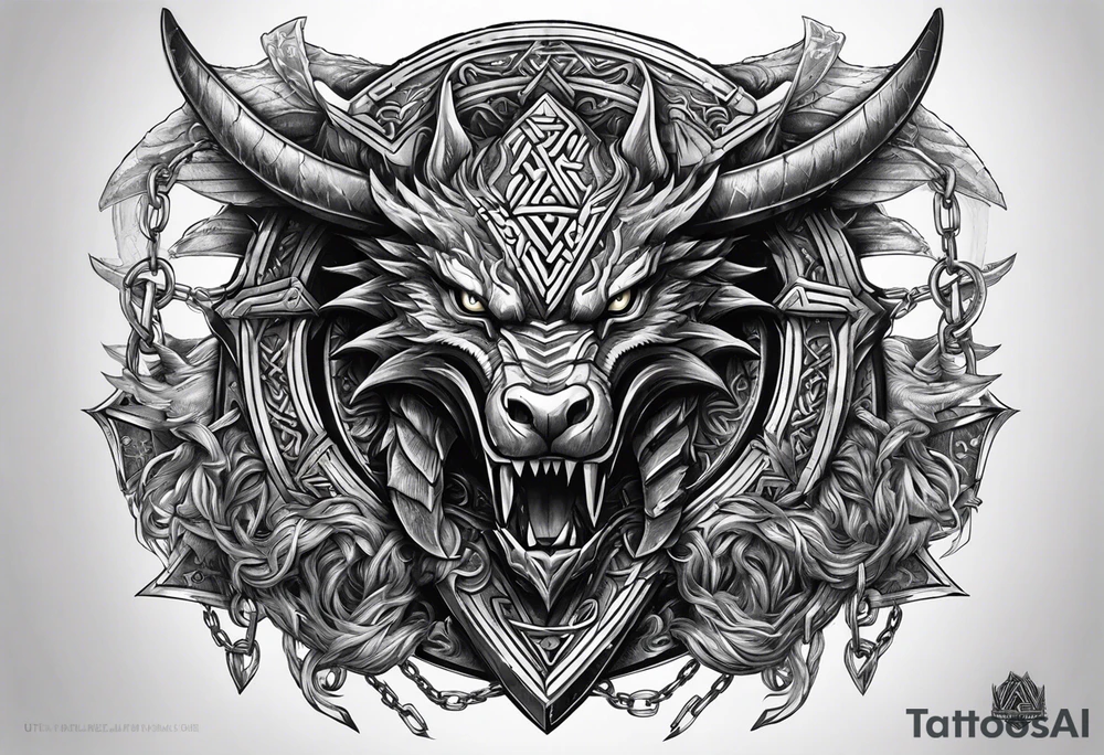 Valhalla sword shield dragon axe Valknut barbed wire chains tattoo idea Valhalla sword shield dragon axe Valknut barbed wire chains tattoo idea