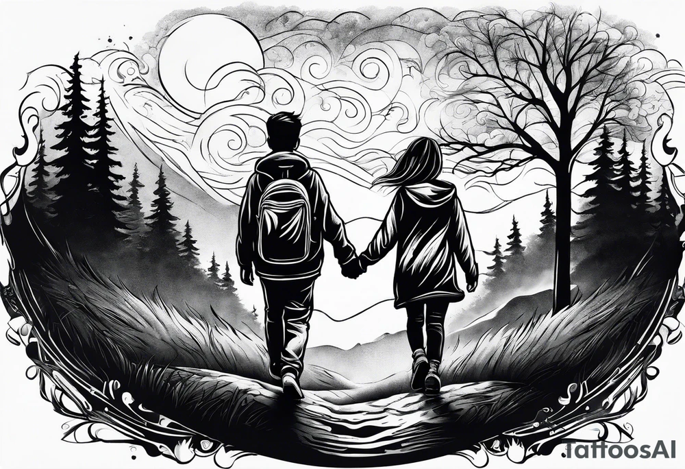 big brother with two sisters holding hands walking up hill through storm tattoo idea