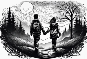 big brother with two sisters holding hands walking up hill through storm tattoo idea