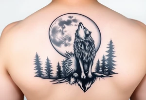 lone wolf howling at full moon with northern lights backdrop tattoo idea