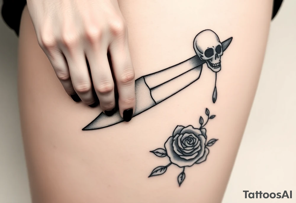 en el caos encontré mi forma favorita 
de amarte somos veneno y promesa.  Add around 

Woman’s hand reaching down grabbing blade handle, skeleton head on right under blade, rise on right under blade, blood dry from tip of blade, skeleton hand reaching for Blade tip. Just the hand and place above blade handle reaching for handle. Skull and rose underneath blade. Just the skeleton hand reaching for tip of knife which is dripping blood. tattoo idea