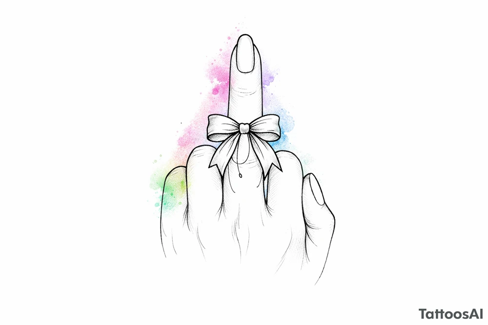 Tiny detailed bow, middle finger, spectral outline, vibrant watercolor wash. tattoo idea