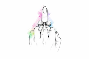 Tiny detailed bow, middle finger, spectral outline, vibrant watercolor wash. tattoo idea
