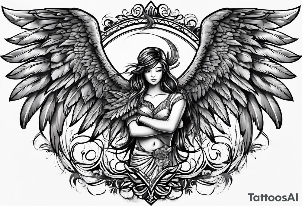 the word Glenn on a banner and angel wings tattoo idea