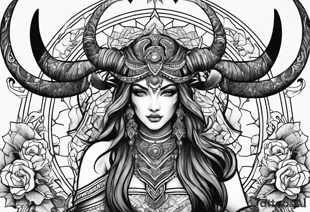 Taurus goddess with bull horns tattoo idea