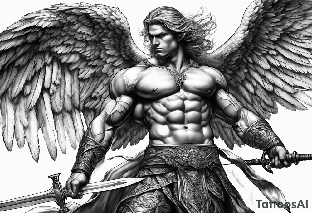 Micheal arc angel huntched over pulling sword super muscular tattoo idea