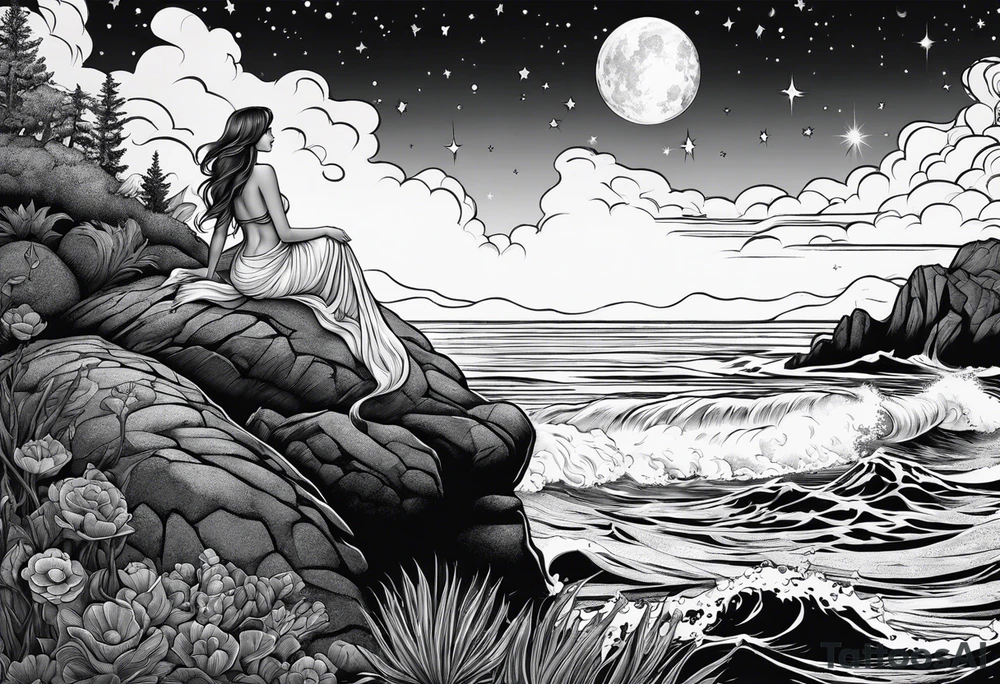 A mermaid on a rock looking out into the night sky and ocean horizon tattoo idea