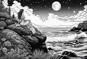 A mermaid on a rock looking out into the night sky and ocean horizon tattoo idea