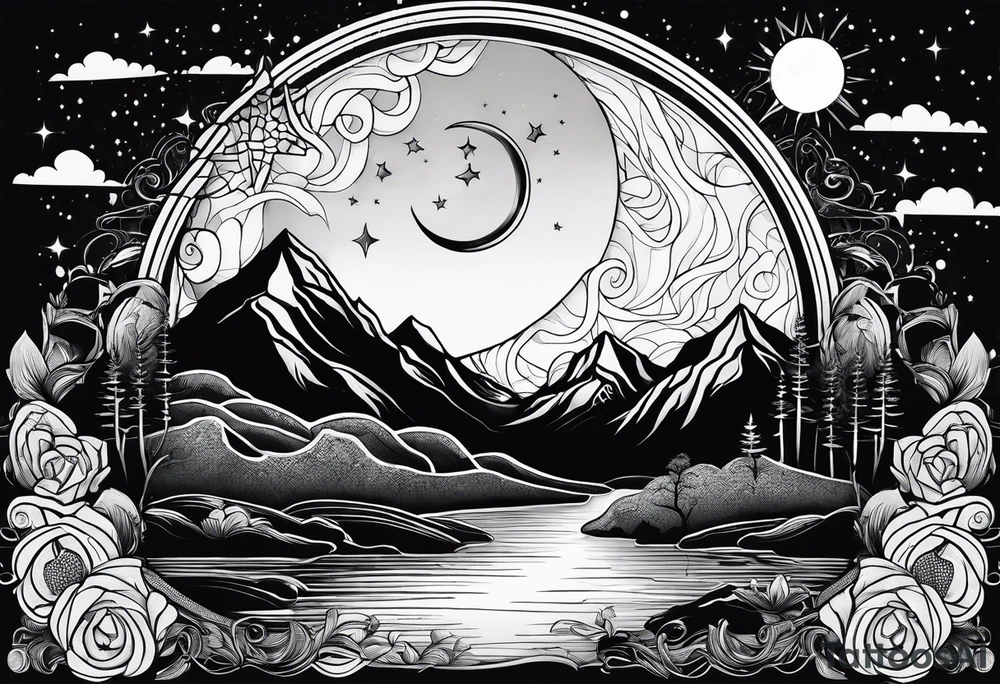 nature with mountains, waterfall, water, and a father and son in the background and and moon/sun in the sky with stars tattoo idea