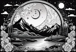 nature with mountains, waterfall, water, and a father and son in the background and and moon/sun in the sky with stars tattoo idea