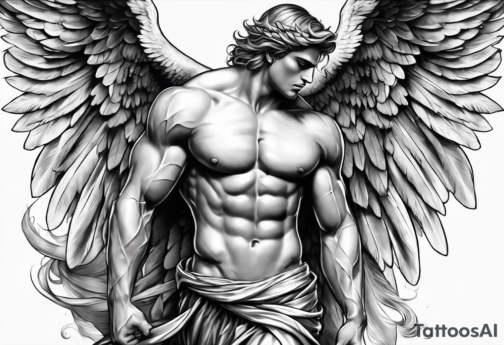 male muscular greece fallen angel tattoo idea