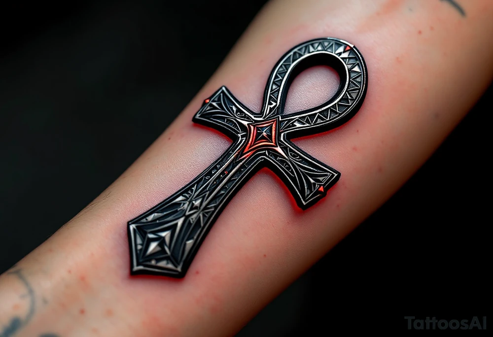 A black and silver Ankh, intricately etched with warrior motifs and a subtle red glow around the edges, wrapping around the forearm. tattoo idea