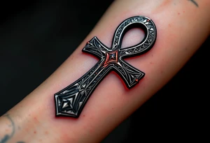 A black and silver Ankh, intricately etched with warrior motifs and a subtle red glow around the edges, wrapping around the forearm. tattoo idea