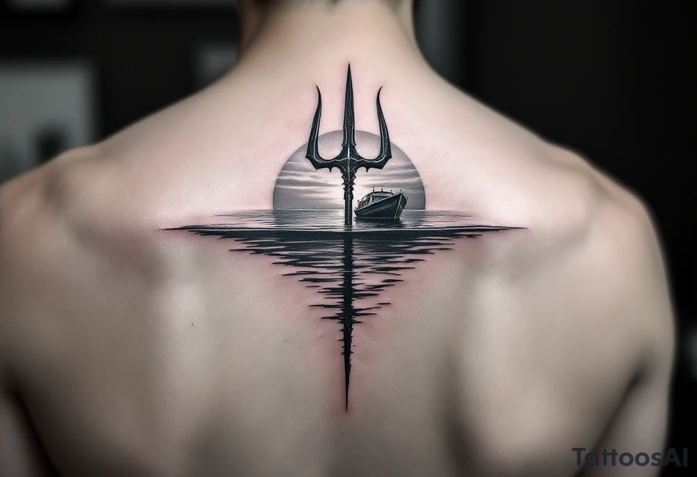 trident half way under calm water with sanger boat and sunset tattoo idea