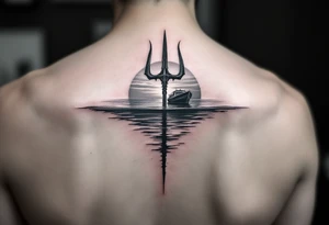 trident half way under calm water with sanger boat and sunset tattoo idea